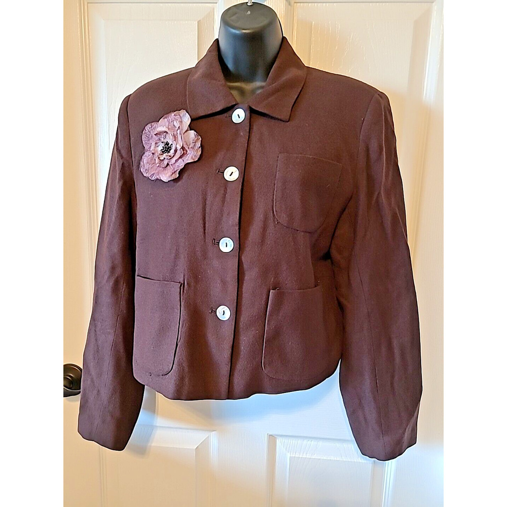 Wintersilks Blazer P14 Brown Pockets Flower Applique Wool Silk Vintage Y2K